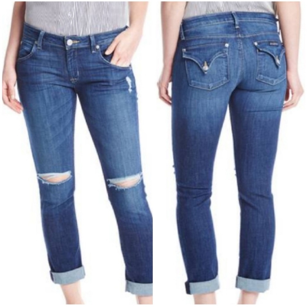 Hudson Medium Wash Distressed Bacara Crop Straight Cuffed‎ Jeans - Size 28